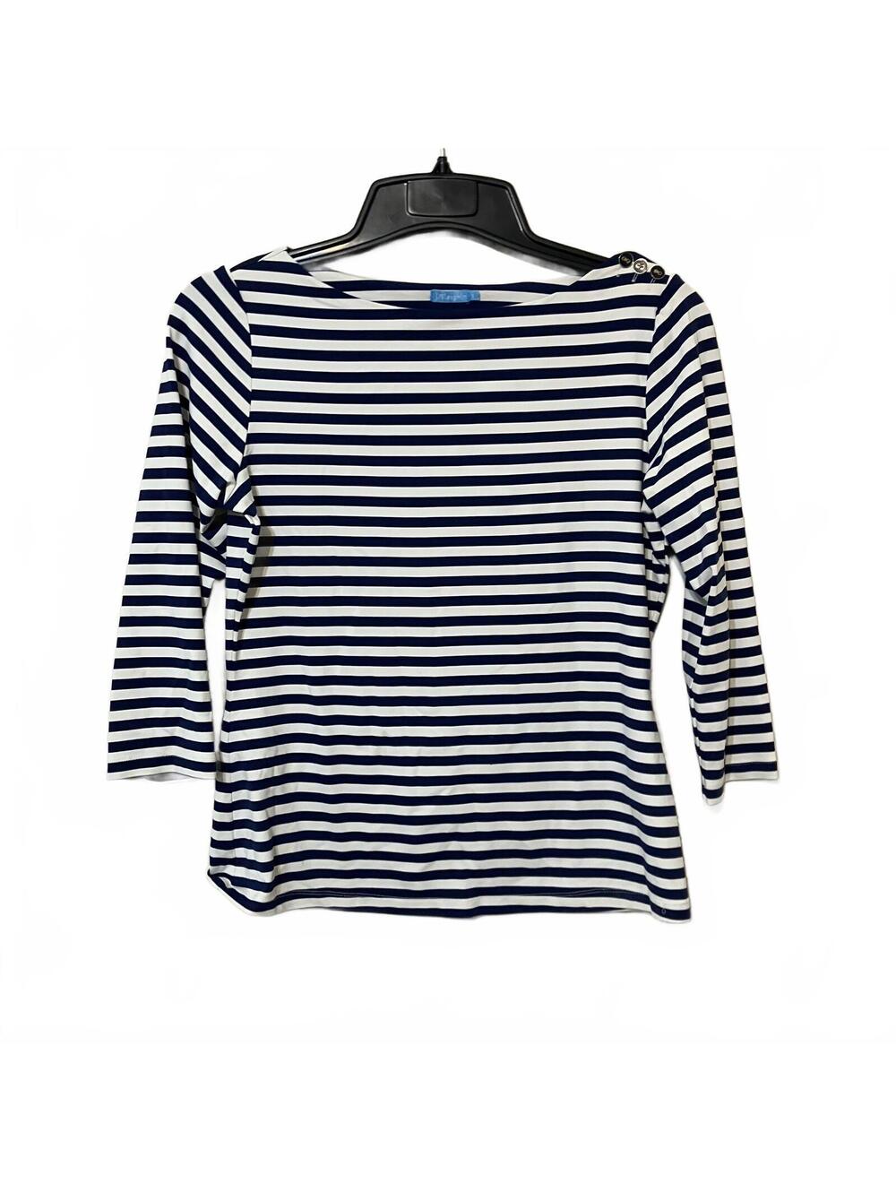 J. McLaughlin Coastal Preppy Women Navy Striped 3/4 Sleeve Resort Wear Top Small